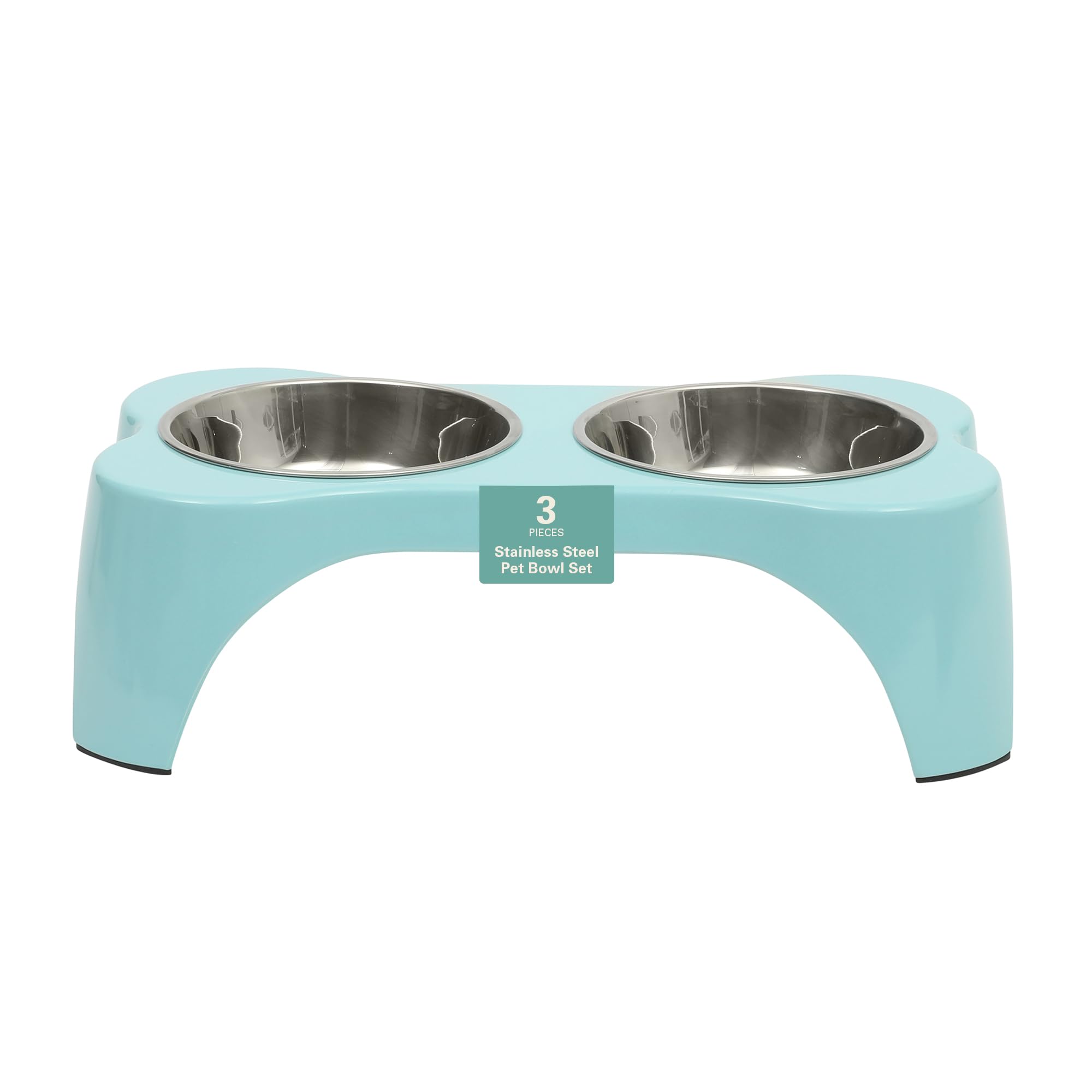 Gibson Home Bow Wow Meow 3-Piece Elevated Dog Bowl Set - Bone-Shaped Raised Feeder with 2 Stainless Steel Bowls for Medium to La