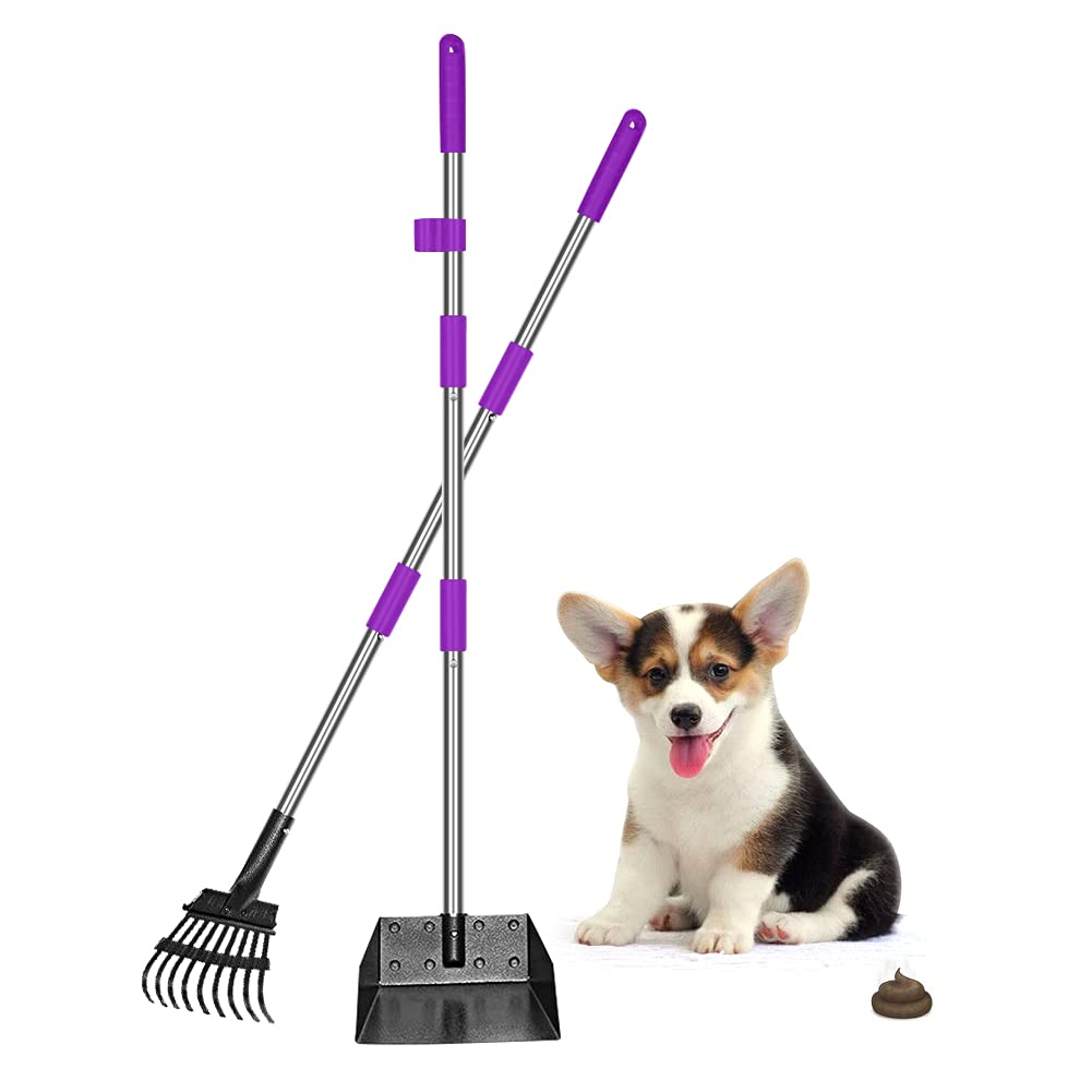 Qimh Upgraded Dog Pooper Scooper Extra Large, Adjustable Long Handle Stainless Metal Pet Poop Tray And Rake Set For Large Medium Small Dogs, Dog Waste Removal Bin Rake, Great For Grass, Street, Gravel