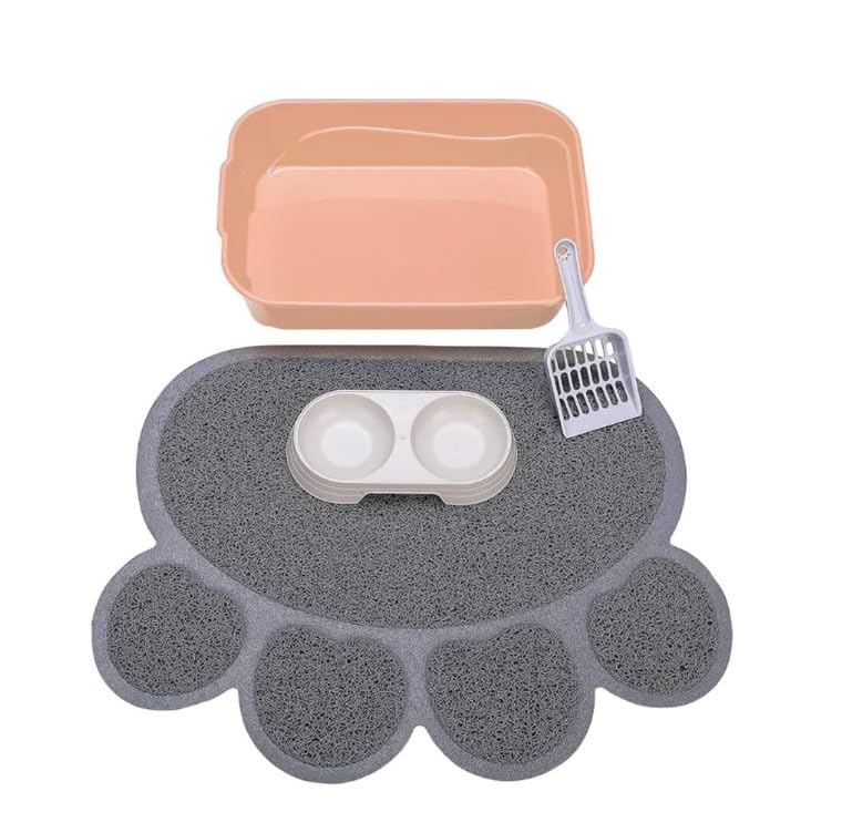 Kitty Litter Box Starter Kit - Small Cat Litter Pan Without Lid, Litter Mat, Scoop and Bowl for Kitten Within 3 Months (PinkScoo