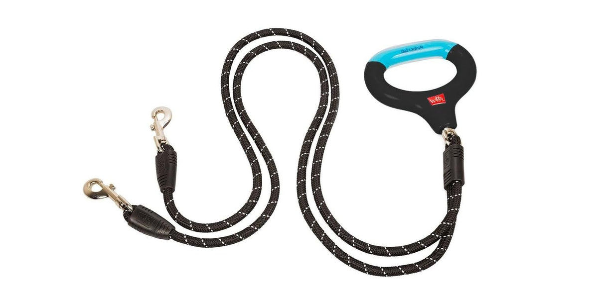 Wigzi 2 Dog Reflective Rope Leash - 360° Automatically Untangles Itself– Durable Rope, Soft Cushion Gel Handle, 4.5 Feet Total Distance Each Dog, Rust Proof, All Weather, Black