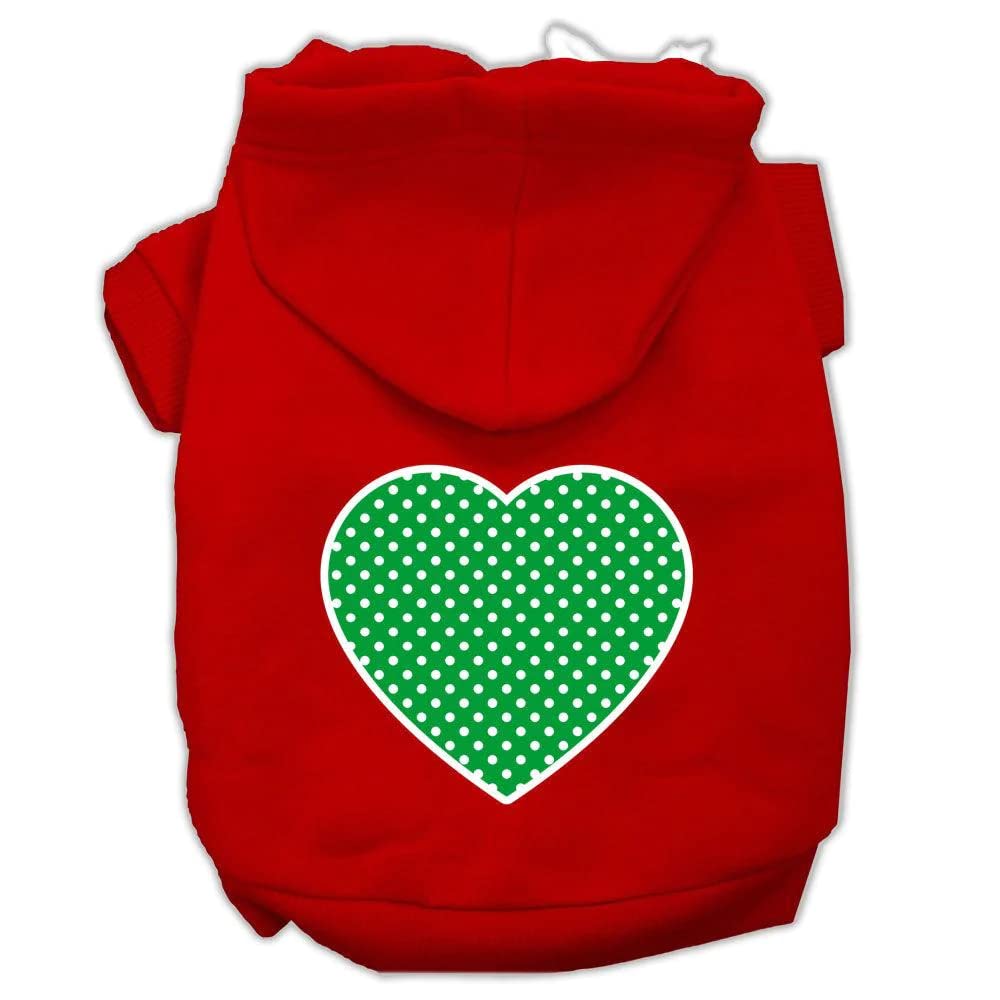 Pet Dog & Cat Hoodie Screen Printed, Green Swiss Dots Heart Red SM (3-6 lbs.)