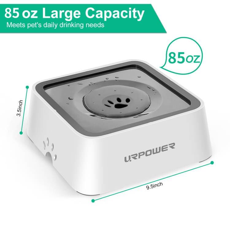 URPOWER 2.5L Grey Dog Water Bowl - No Spill Pet Water Dispenser for Dogs, Cats & Pets, Travel-Friendly Slow Feeder, 85oz Capacity