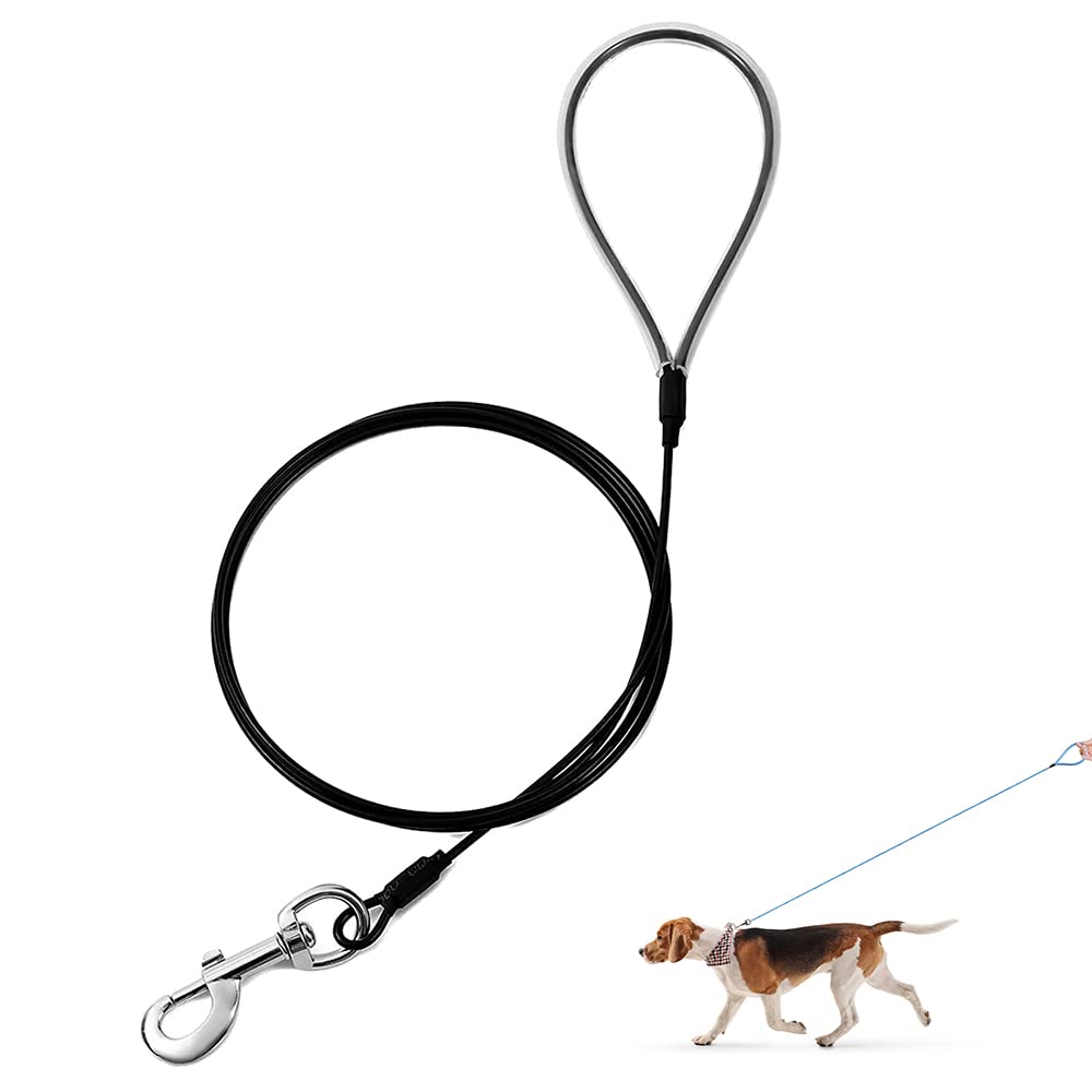 Mi Metty Chew Proof Dog Leash - Six Foot Metal Cable Lead. Heavy Duty Leash Made Of Coated Wire Rope. Chew Resistant, Great For Large Dogs And Teething Puppies. Dog Chains (1 Pack, Black)