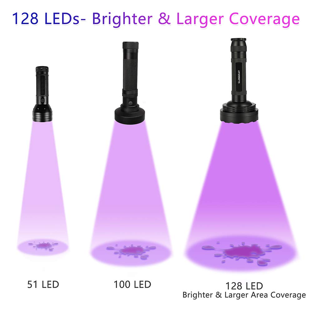Glossday Blacklight Flashlight,128 Led Uv Flashlights, Upgraded Bright Ultraviolet Flashlight Professional Black Light For Dog/Cat, Hunting Scorpions