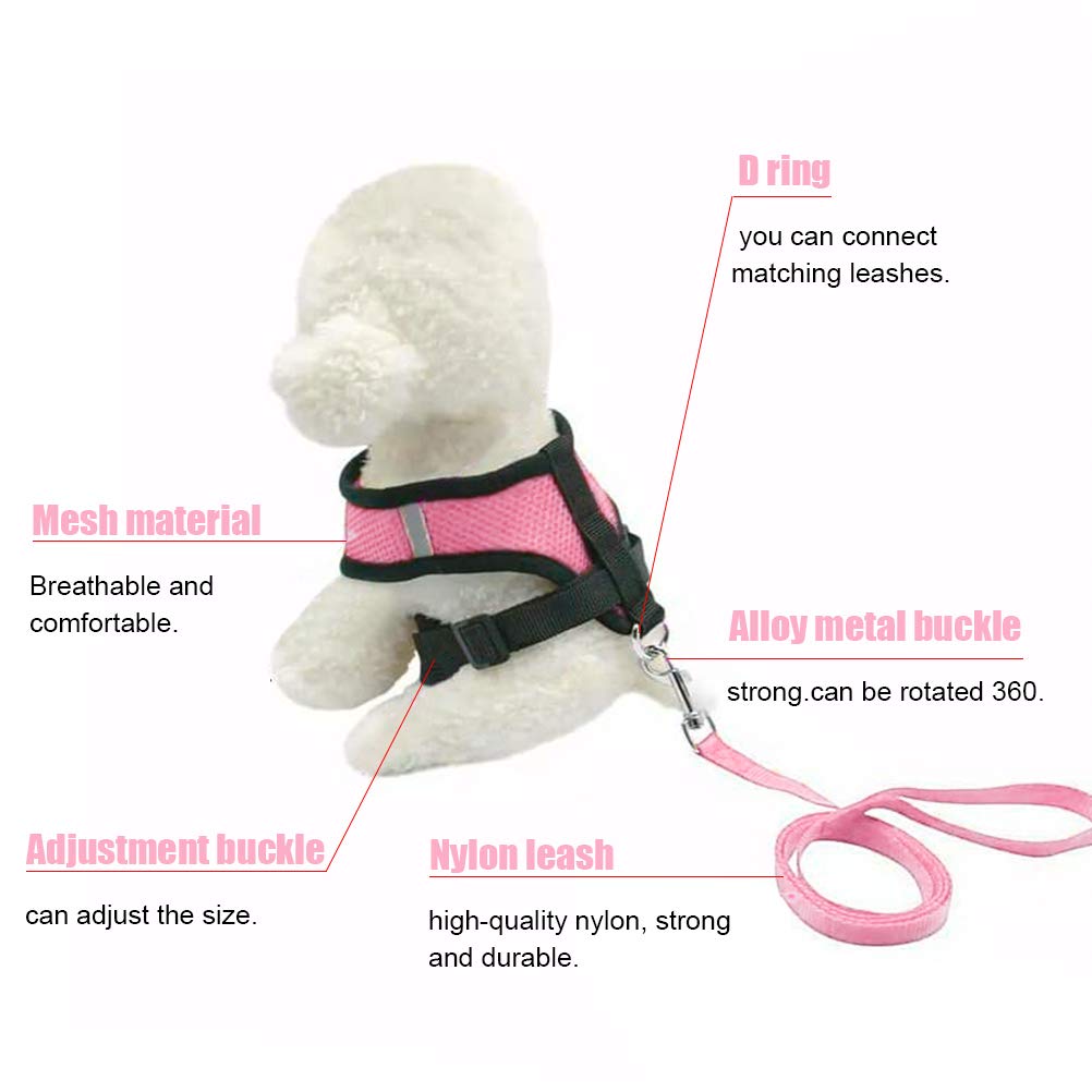 Soft Mesh Dog Harness Vest, Small Dog Harness, Night Reflective Adjustable Mesh Harness With Padded Vest And Leash(Pink)