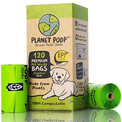 PLANET POOP Home Compostable Dog Poop Bags on Refill Rolls, 120 Un-Scented Pet Waste Bags, Thick Leakproof Plant-Based Doggy Bag