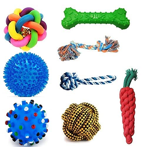 PSK PET MART Dog Chew Toys Combo of 8pcs Toys  Rainbow Ball, Paw Bone, 2 Knot Rope, Puppy Ball, Rope Ball, Ball with Handle, Ba