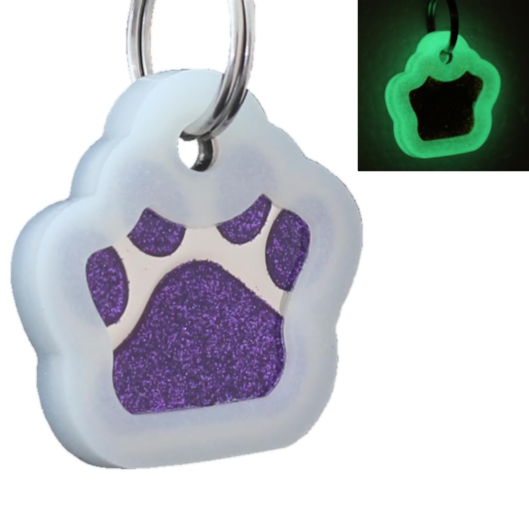 Io Tags Pet Id Tags, Personalized Dog Tags And Cat Tags, Custom Engraved, Easy To Read, Cute Glitter Paw Pet Tag (Purple + Silen