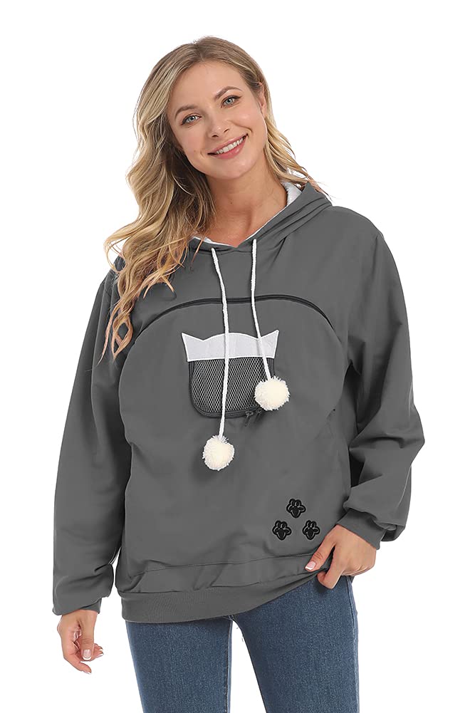 Ziifullhou Women Pet Carrier Sweatshirt Puppy Kitten Holding Hoodies Long Sleeve Pouch Tops (Xxxx-Large, Dark Grey)
