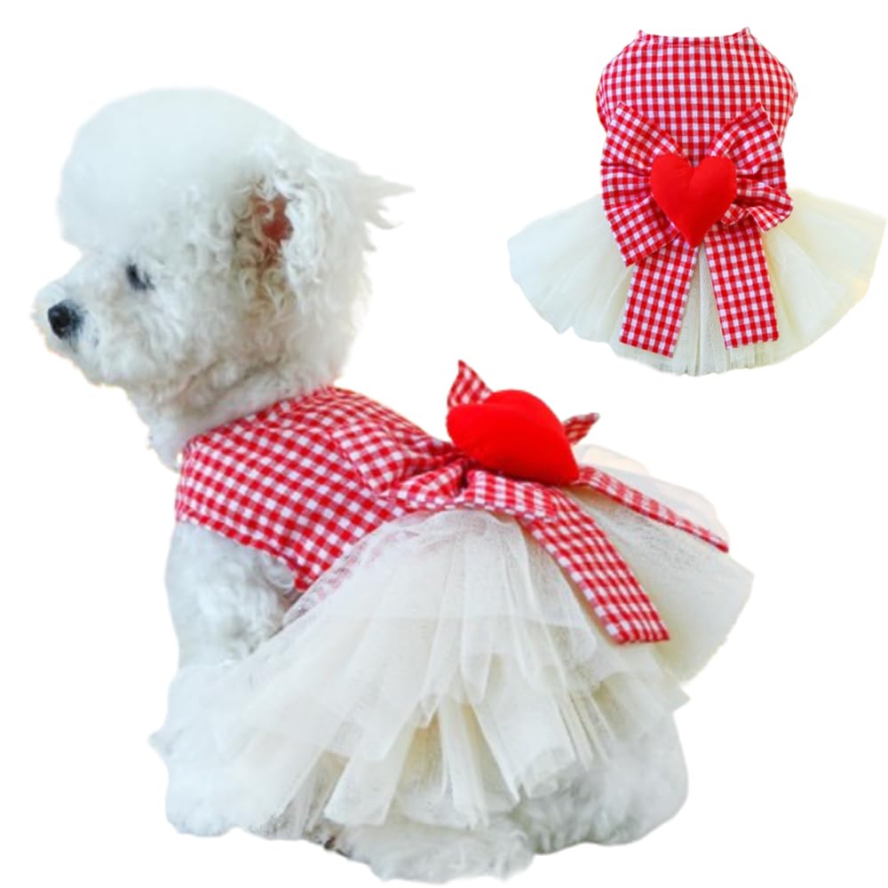 Anelekor Plaid Small Dog Dress With Leash Ring Valentines Cat Outfit Dog Tutu Princess Holiday Puppy Clothes With Bow Knot And H
