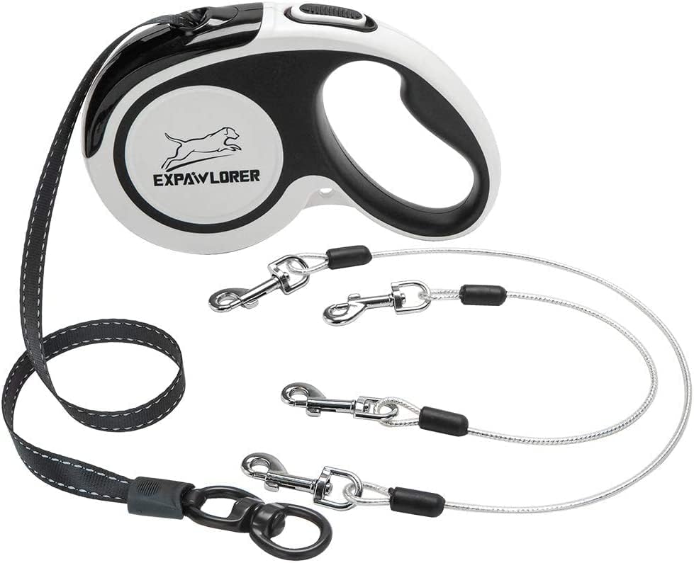 EXPAWLORER Retractable Dog Leash - Chew Proof 16ft Double Leash for 2 Dogs, Tangle-Free Wire Ropes, Heavy Duty, Black & White