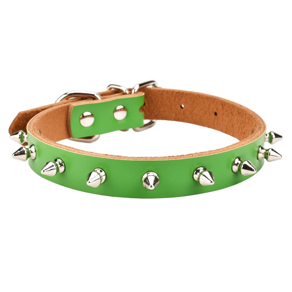 Aolove Basic Classic Adjustable Genuine Cow Leather Pet Collars For Cats Puppy Dogs (X-Large/Neck 14.2'-18.1', Green-Spiked Rivet)