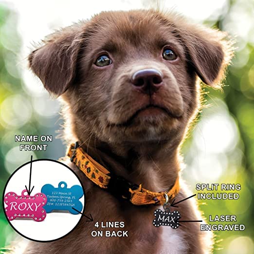 Custom Engraved Pet Id Tags With Swarovski Crystal - 1.5'' Long X 1'' Tall, Anodized Aluminum, Bone Shape, Red