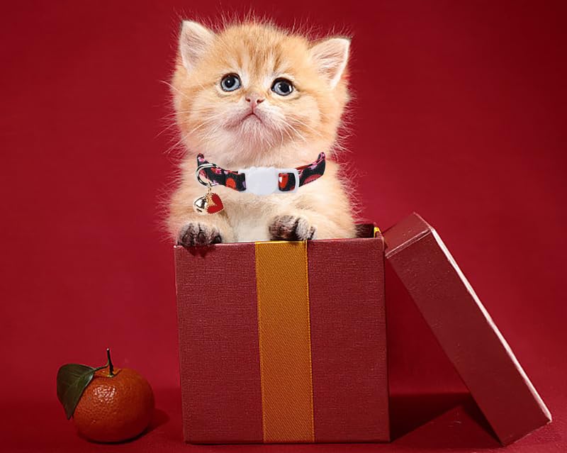 Lionet Paws 2Pcs Pack Valentine'S Day Cotton Cat Collar,Breakaway Buckle With Black Stripe Pink Heart Cute Adjustable Cat Kitten