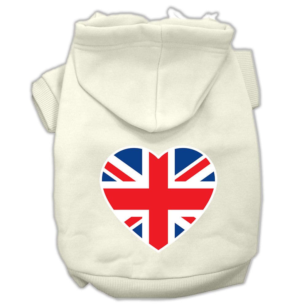 Pet Dog & Cat Hoodie Screen Printed, 'British Flag Heart' Cream Xs (0-3 Lbs.)