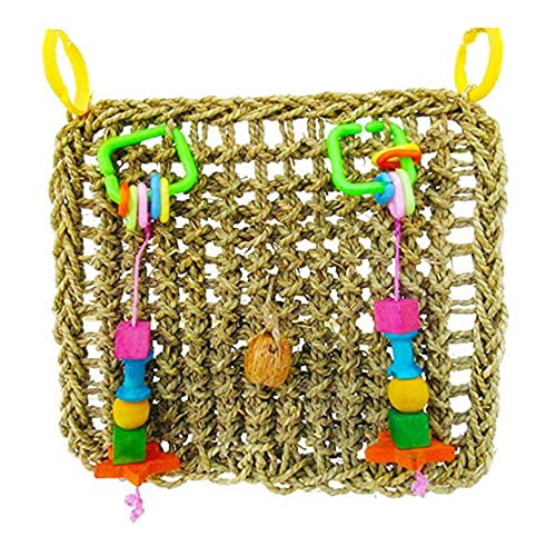 SunGrow Bird, Small Animals & Rabbit Foraging Wall Chew Toy with Hanging Hook, Seagrass Woven Mat with Colorful Wooden Blocks, G