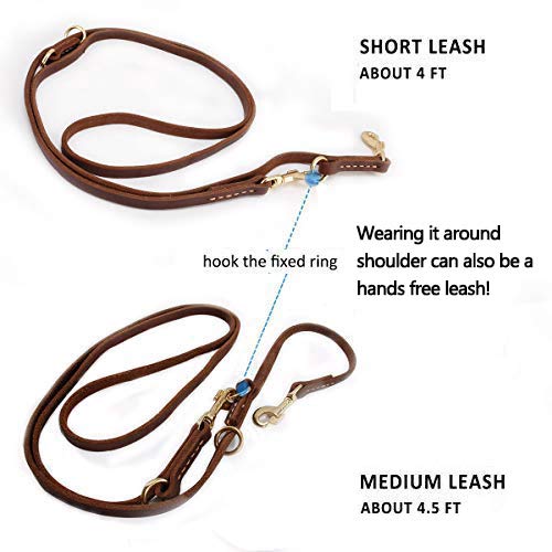 Multi Function 8Ft Leather Dog Leash, Genuine Leather Leash Hands Free Leash Dog Training Leash For Small, Medium And Large Dogs