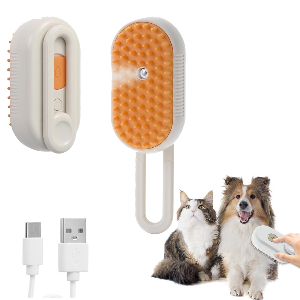 4-In-1 Cat Grooming Steam Brush, Pet Hair Shedding, Massage, Cleaning, Combing (Brown)