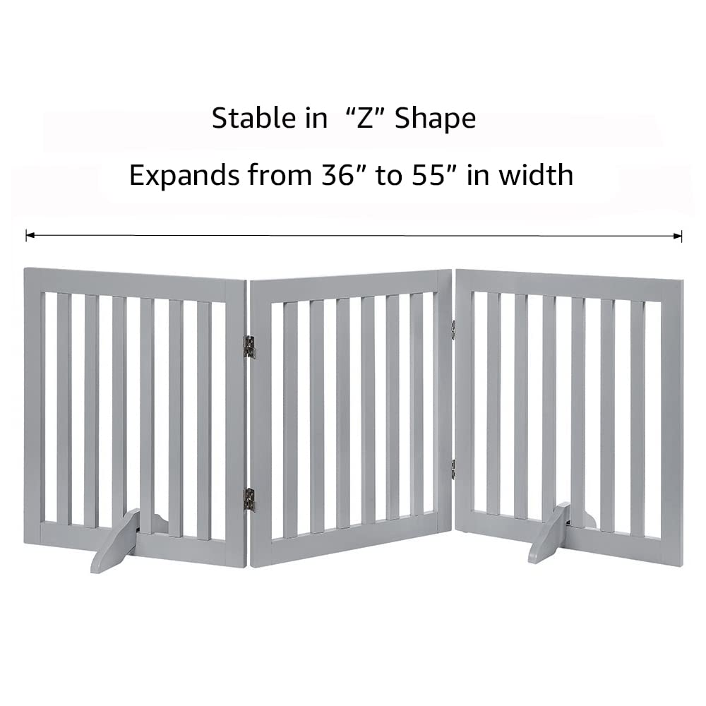 Unipaws Freestanding Wooden Pet Gate For Dog And Cat, 24' H And 36' H Foldable Dog Gate With 2Pcs Support Feet For Doorway, Halls, Stairs, Grey, Indoor Use