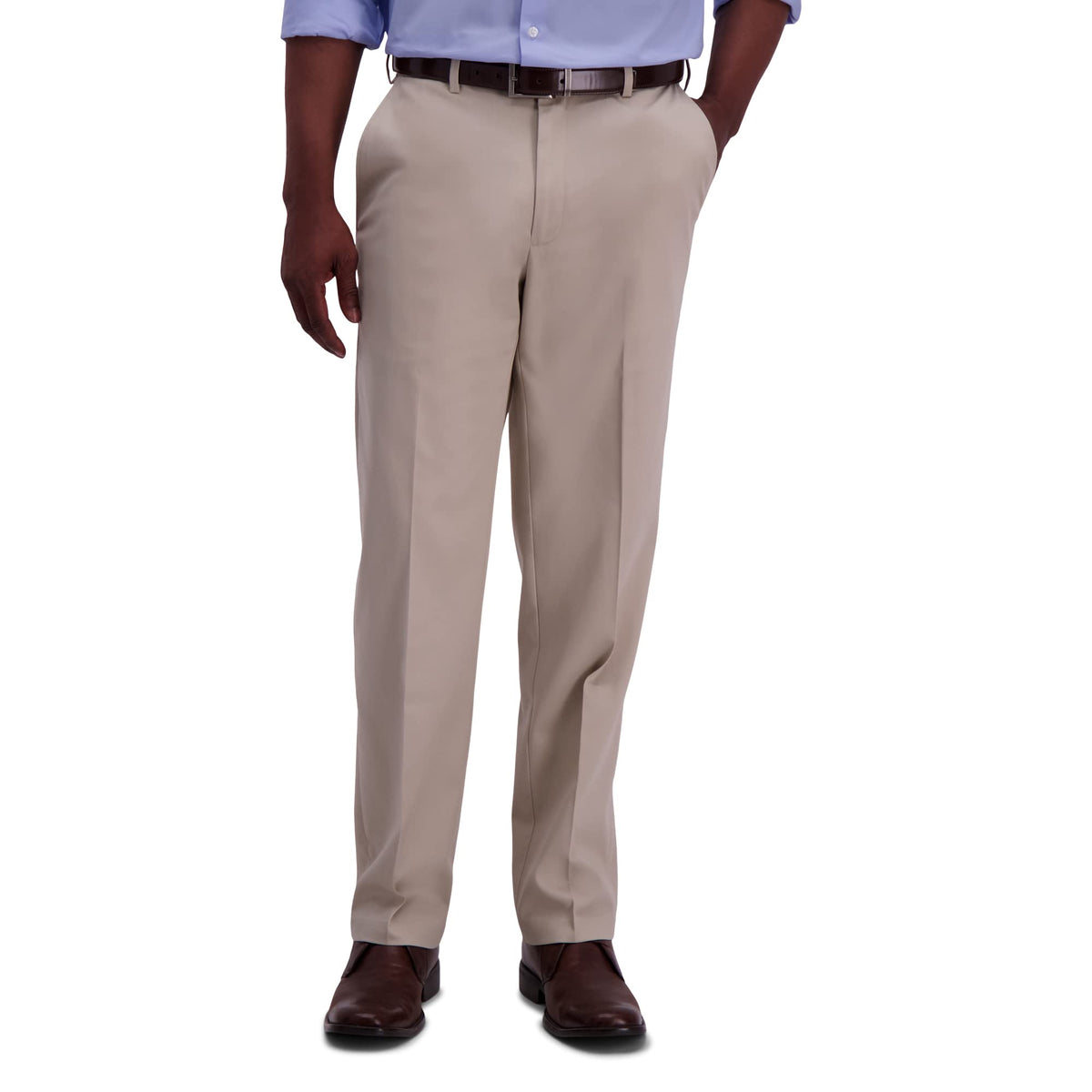 Haggar Mens Classic Fit Flat-Front Hidden Expandable Waistband Premium No Iron Khaki, 38W X 30L - Sand