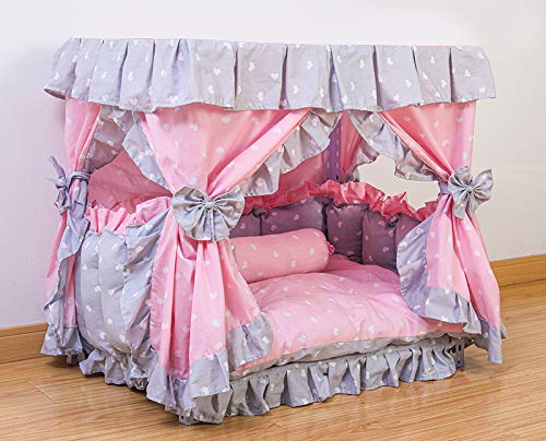 Kolachic Princess Pink Grey White Heart Pet Dog Handmade Bed House+1 Candy Pillow (L)