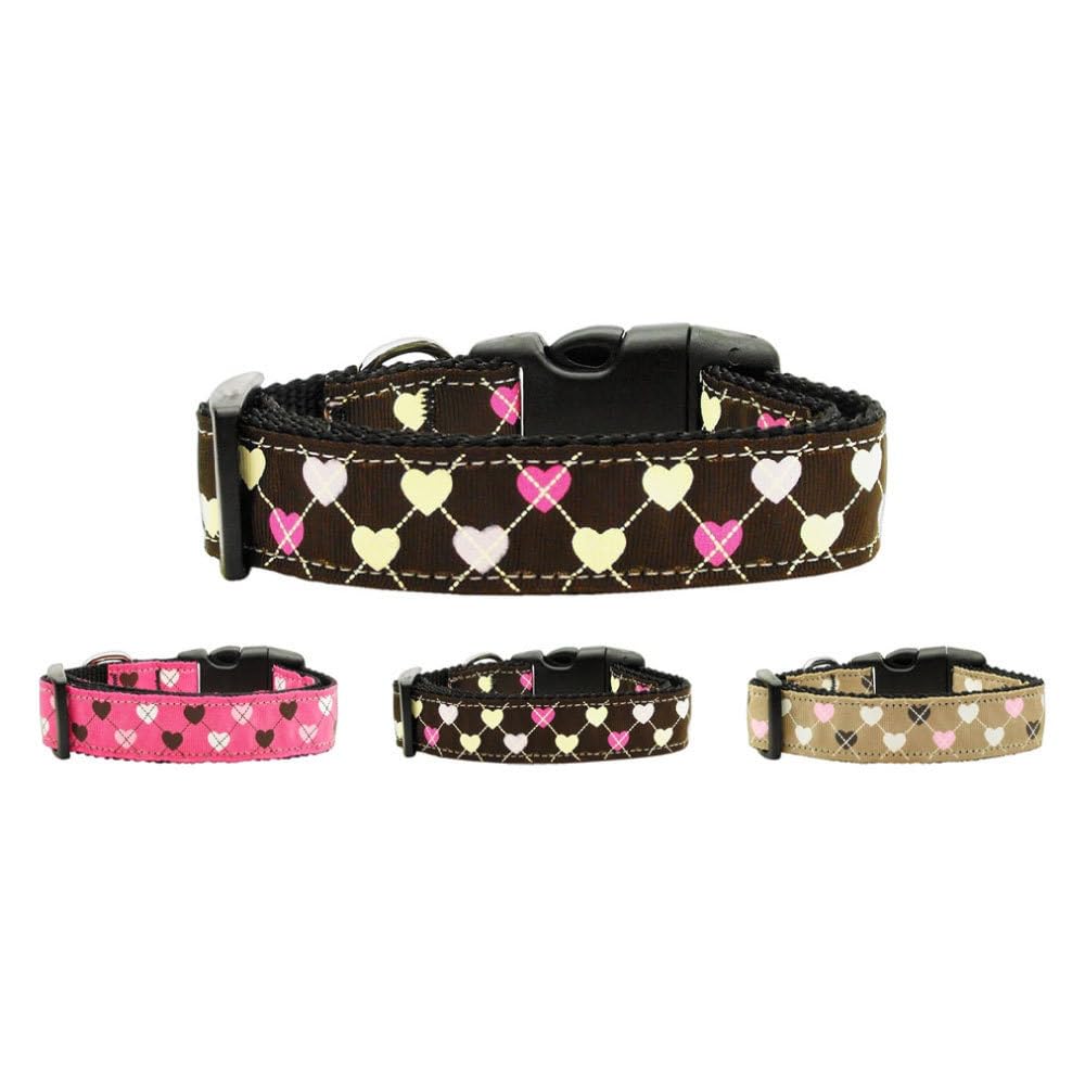 Pet Dog & Cat Nylon Collar or Leash, &quot;Argyle Hearts&quot; Brown Cat Safety