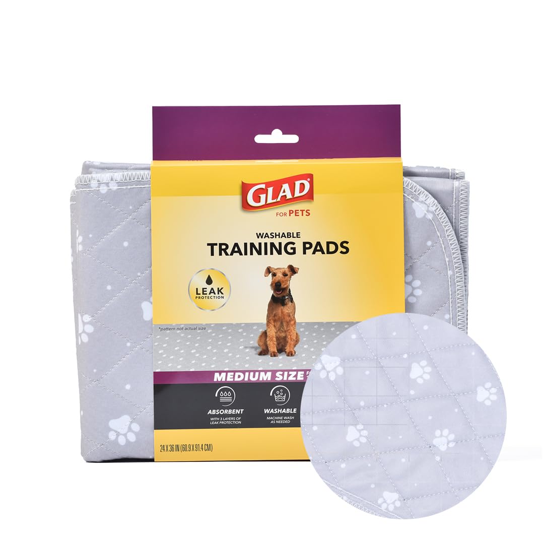 GLAD for Pets Washable Training Pads, Medium Size (24   x36   ), 2 Pack Gray with Paw Prints| Re-usable Cloth Dog Training Pads 