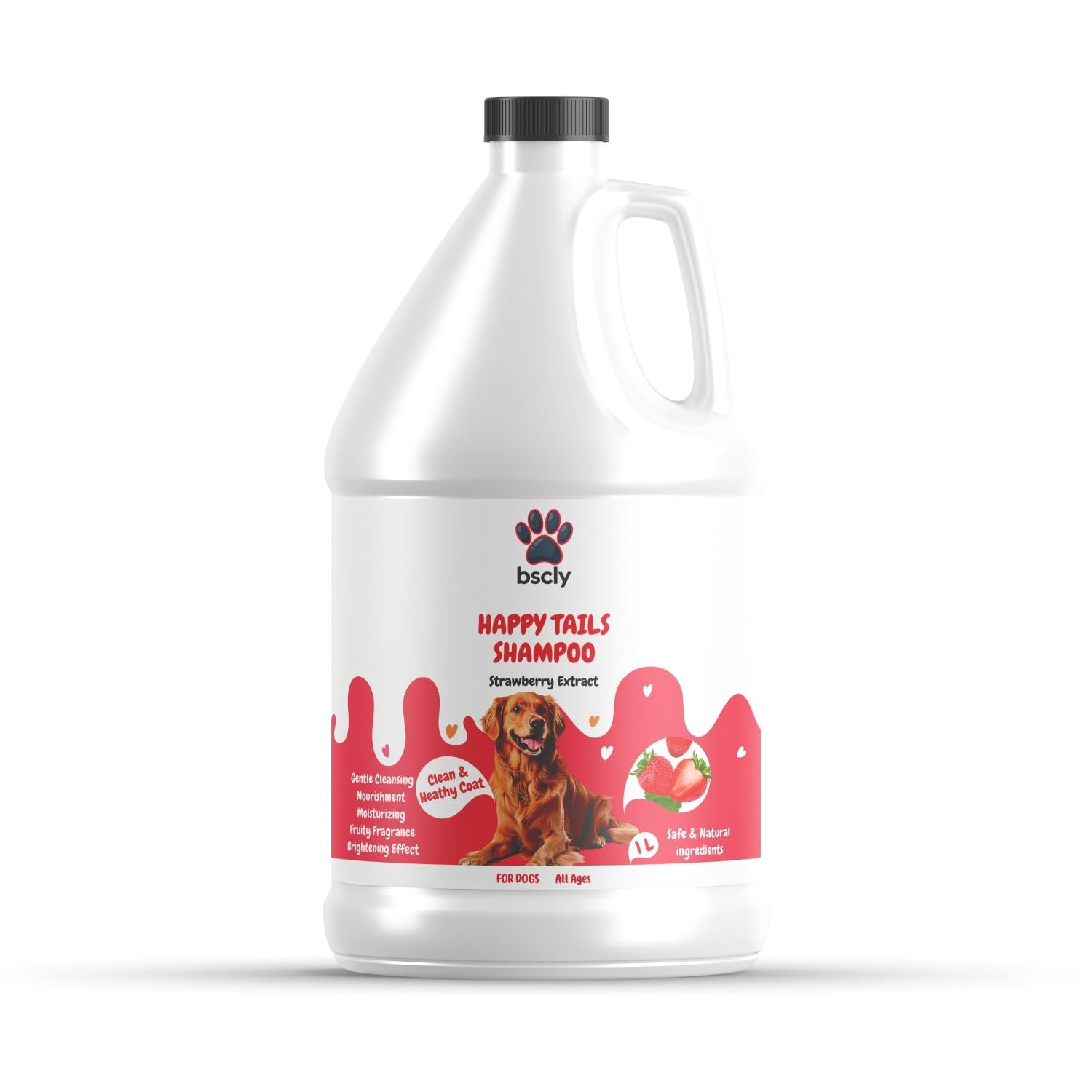 Bscly Strawberry Dog Shampoo 1000Ml - Ticks & Fleas Prevention - Enriched With Chamomile, Aloe And Coconut Oil - Moisturizes & H