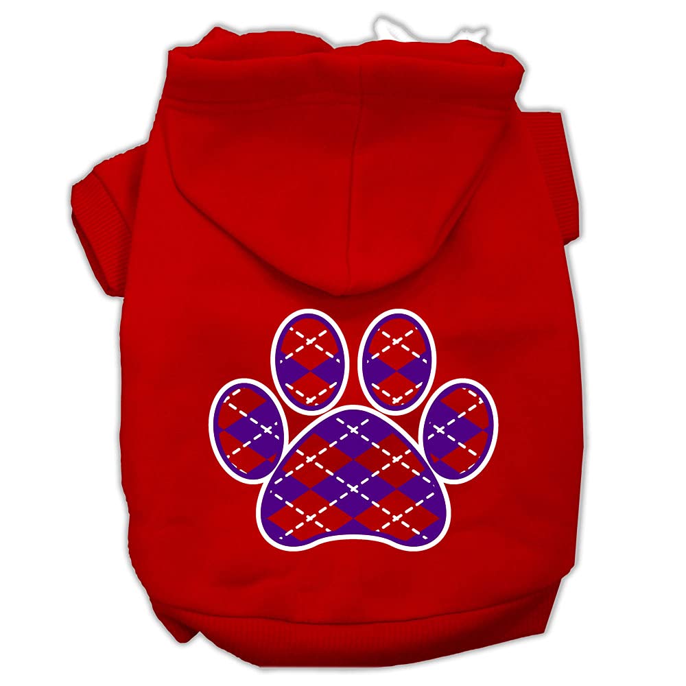 Pet Dog & Cat Hoodie Screen Printed, 'Purple Argyle Paw' Red Md (6-10 Lbs.)