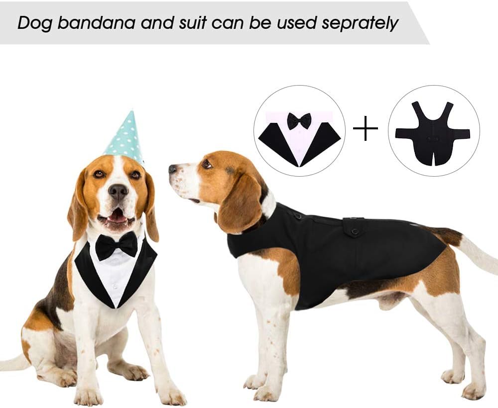 Puptail Dog Suit Or Dog Tuxedo And Bandana Set, Dogs Wedding Party Suit, Dog Wedding Bow Tie Shirt Formal Dog Weeding Attire For Large And Medium Dogs Golden Retriever, Labrador Large Black