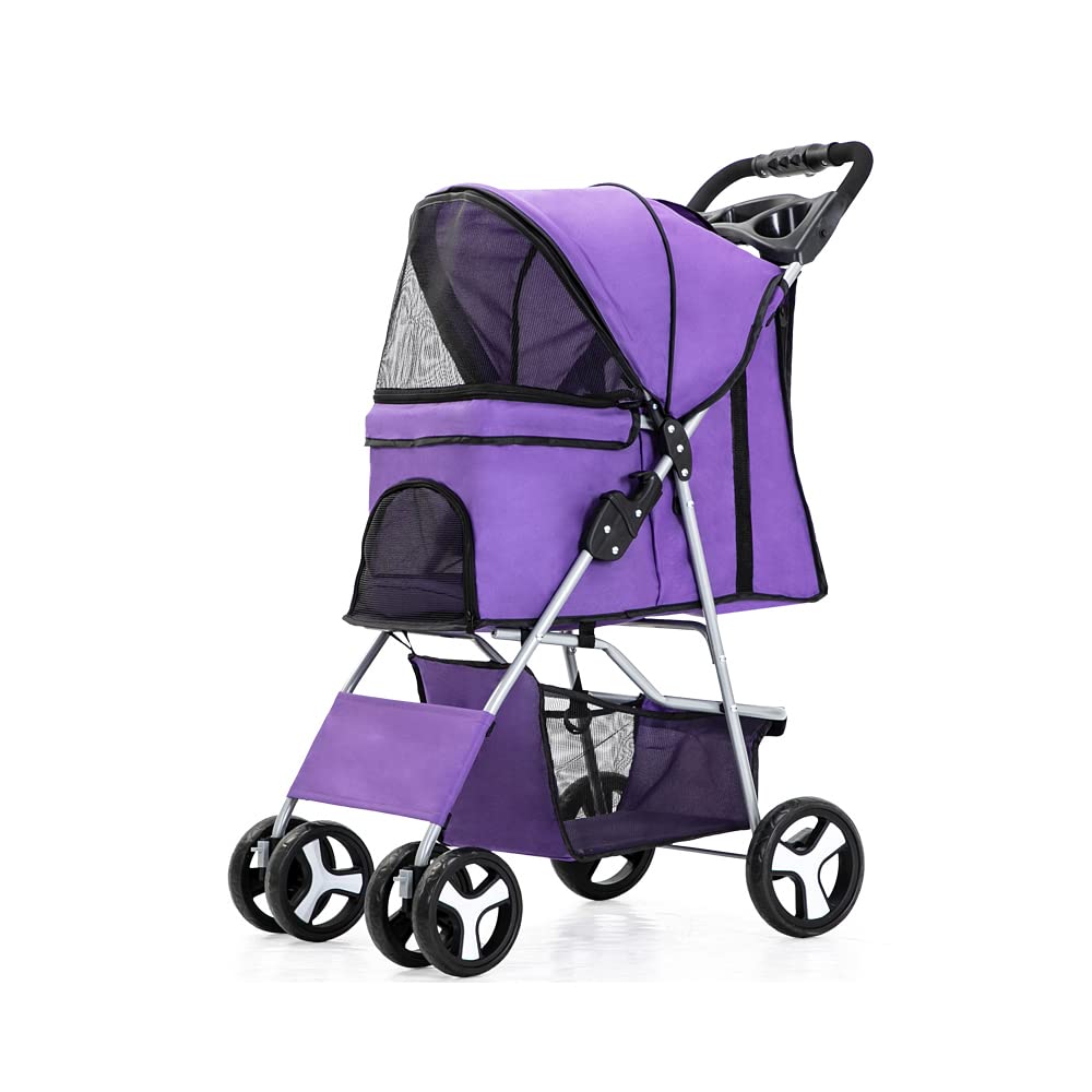 Rica-J Pet Stroller 4 Wheels, Foldable Cat Dog Cage Stroller Travel Carrier Strolling Cart With Cup Holder & Storage Basket Dogg