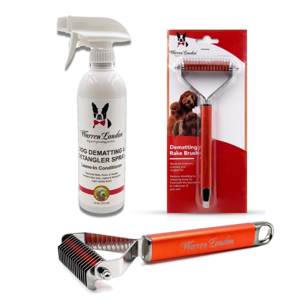 Warren London Dog Dematting And Detangler Spray Bundle With Rake Brush | Groomer Formulated Detangling Spray For Dogs W Aloe Vera & Jojoba Oil | Made In Usa | 16Oz W/Rake Brush