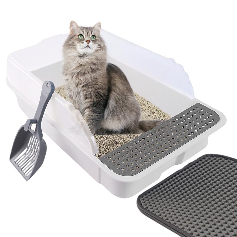 Open Cat Litter Box with High Side,Anti-Splashing Cats Litter Pan,Kitten Litter Box with Litter Sifter and Litter Mat,Semi-Enclo