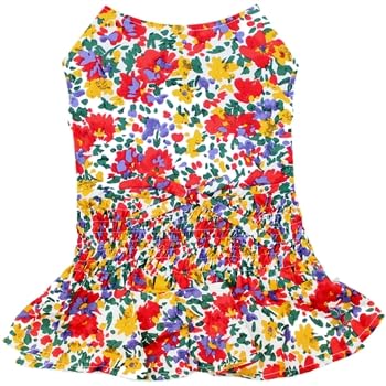 Parisian Pet Floral Printed Dog Summer Dress - 100% Cotton Breathable Ruched Waist - Medium Dog Girl Dress