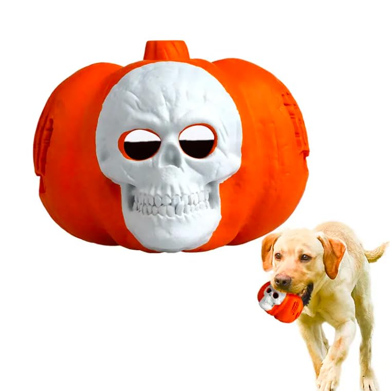 Petvogue Pumpkin Chew Skull Shape Halloween Dog Toys And Treat Dispenser, Good For Tooth Cleaning, Durable Dog Toy For Aggresive
