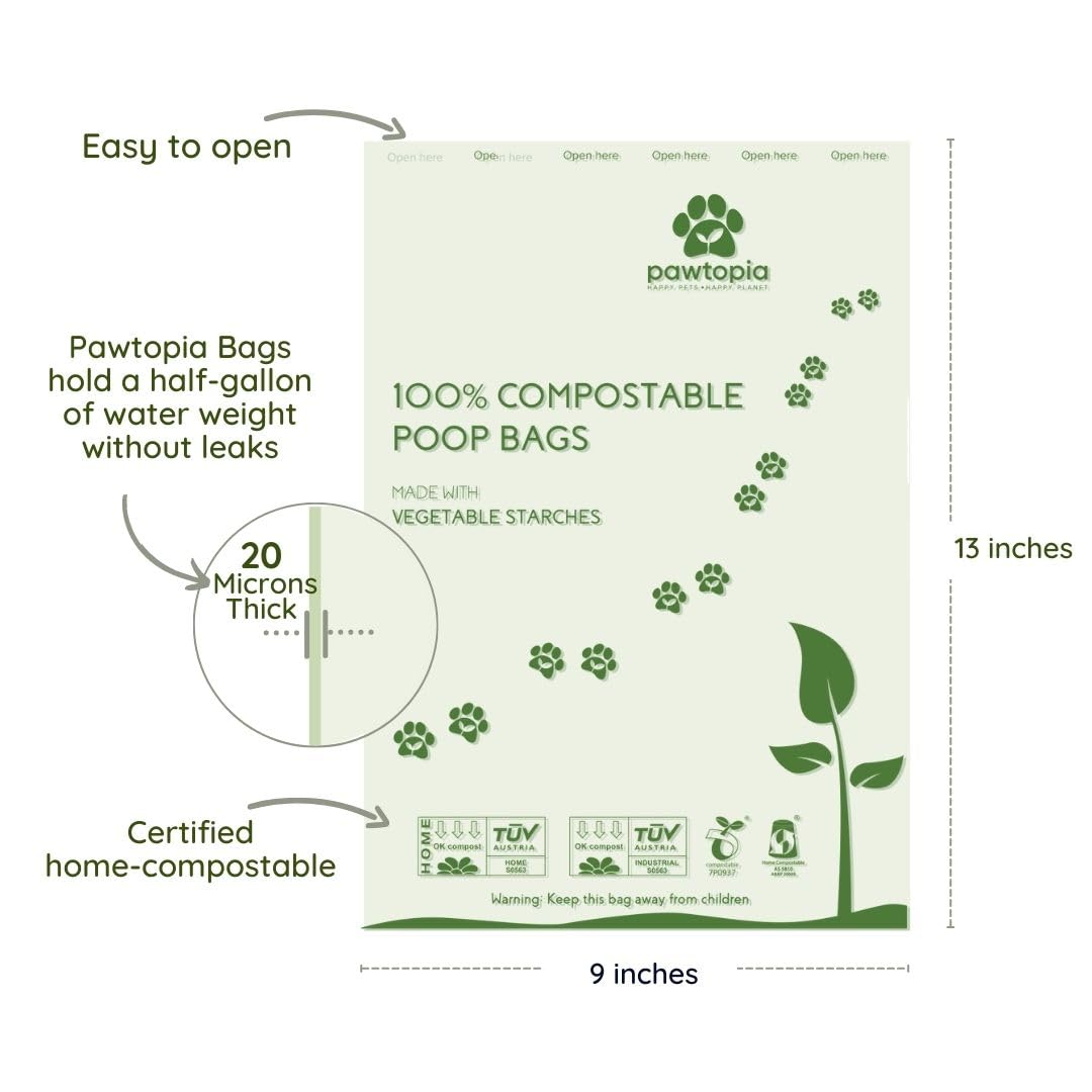 Pawtria Certified Home Compostable Dog Poop Bags (120 Bags + Paper Dispenser), Biodegradable Poop Bags, Cat Litter, Vegetable St