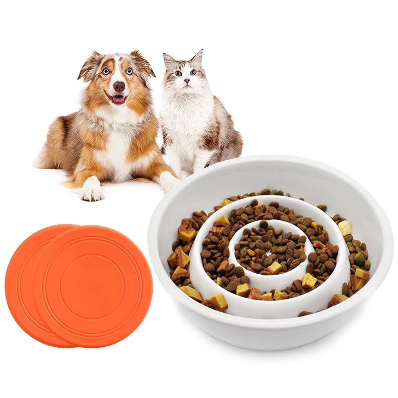 GH Ceramic Slow Feeder Dog Bowl, 3 Cups, 2 Dog Flying Discs Included - White