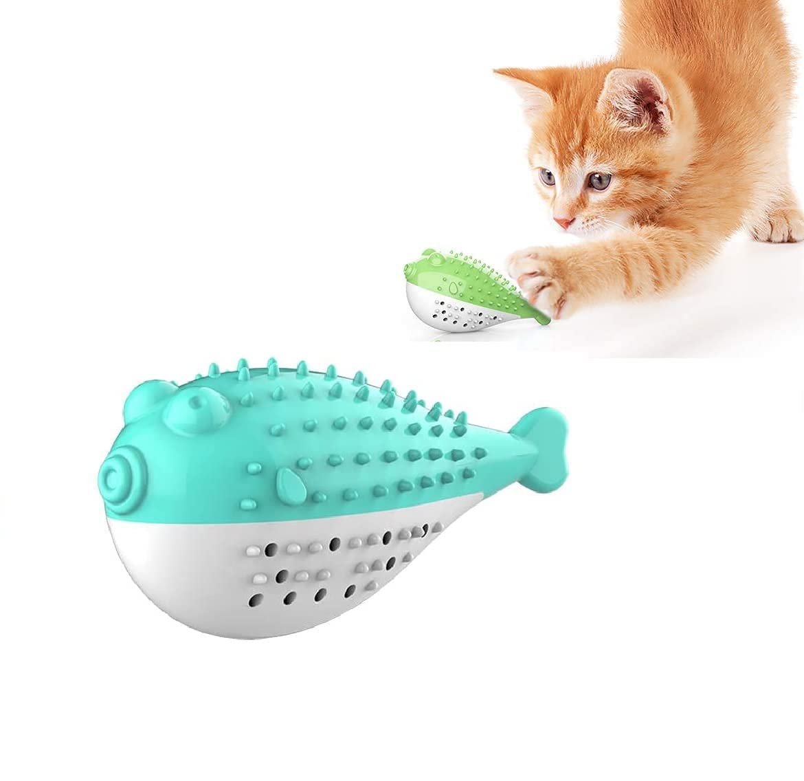 Rvpaws Playing Feeding Toy With Bell For Kitten Kitty Cats Teeth Cleaning, Puffer Fish Shape Pet Toy, Cat Toothbrush Catnip Toy,
