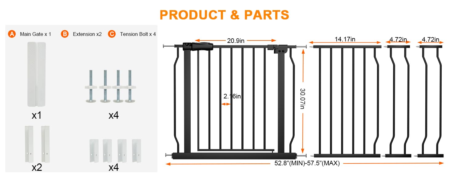 HOOOEN Extra Wide Baby Gate Extra Wide Extra Tall Dog Gates for Stairs Doorways Black Metal Tension Indoor Safety Gates with Pre