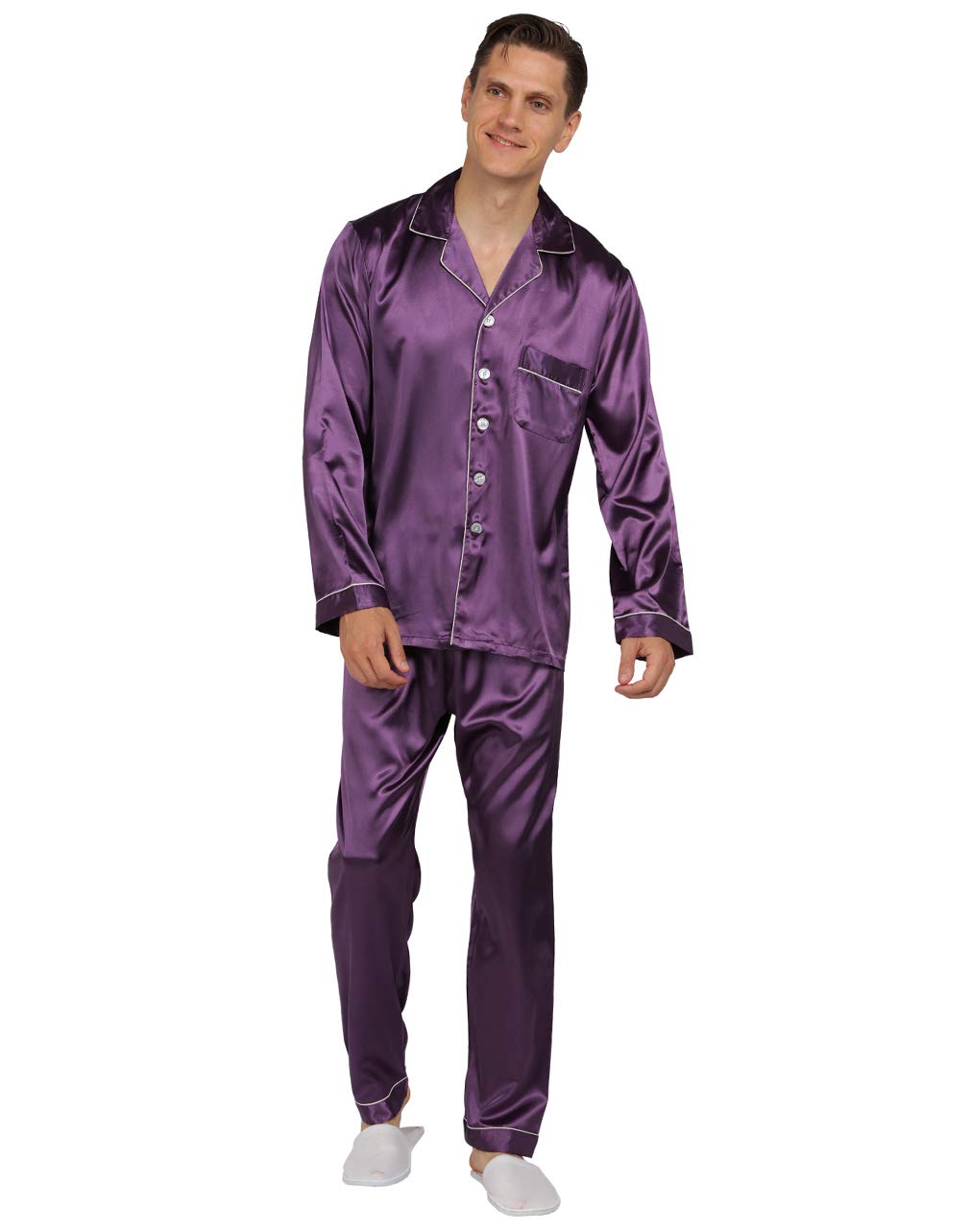 YIMANIE Mens Satin Pajamas Set, Classic Sleepwear Loungewear, Medium, Purple, Polyester, Model US-YMN-SE-09-ZS-M