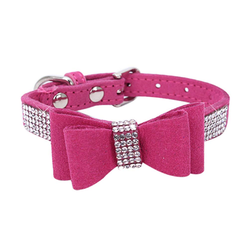 Dogs Kingdom 10'-24' Length Cute Pet Dog Velvet Bow Tie Collar Puppy Cat Full Crystal Rhinestone Necklace Adjustable,Rose Red,