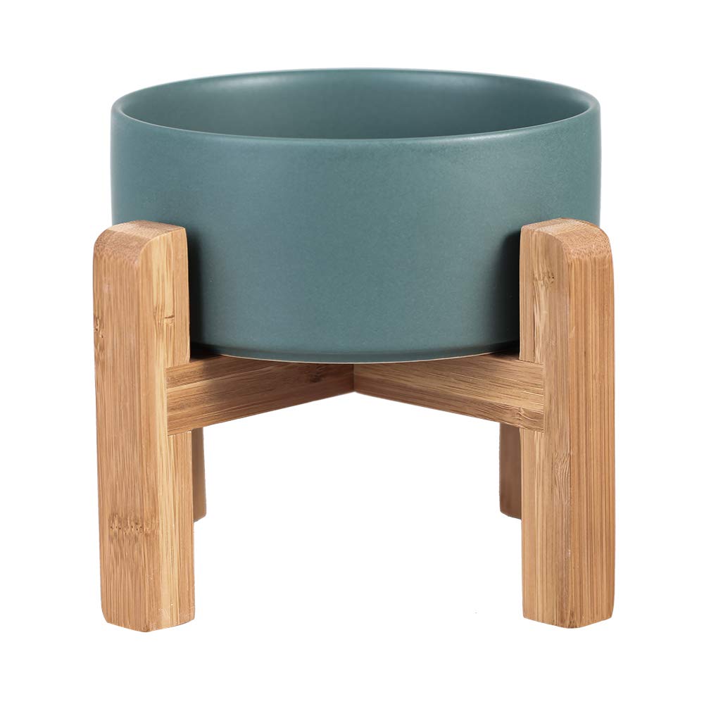 Green Ceramic Elevated Raised Cat Bowl with Wood Stand No Spill Pet Food Water Feeder Cats Small Dogs
