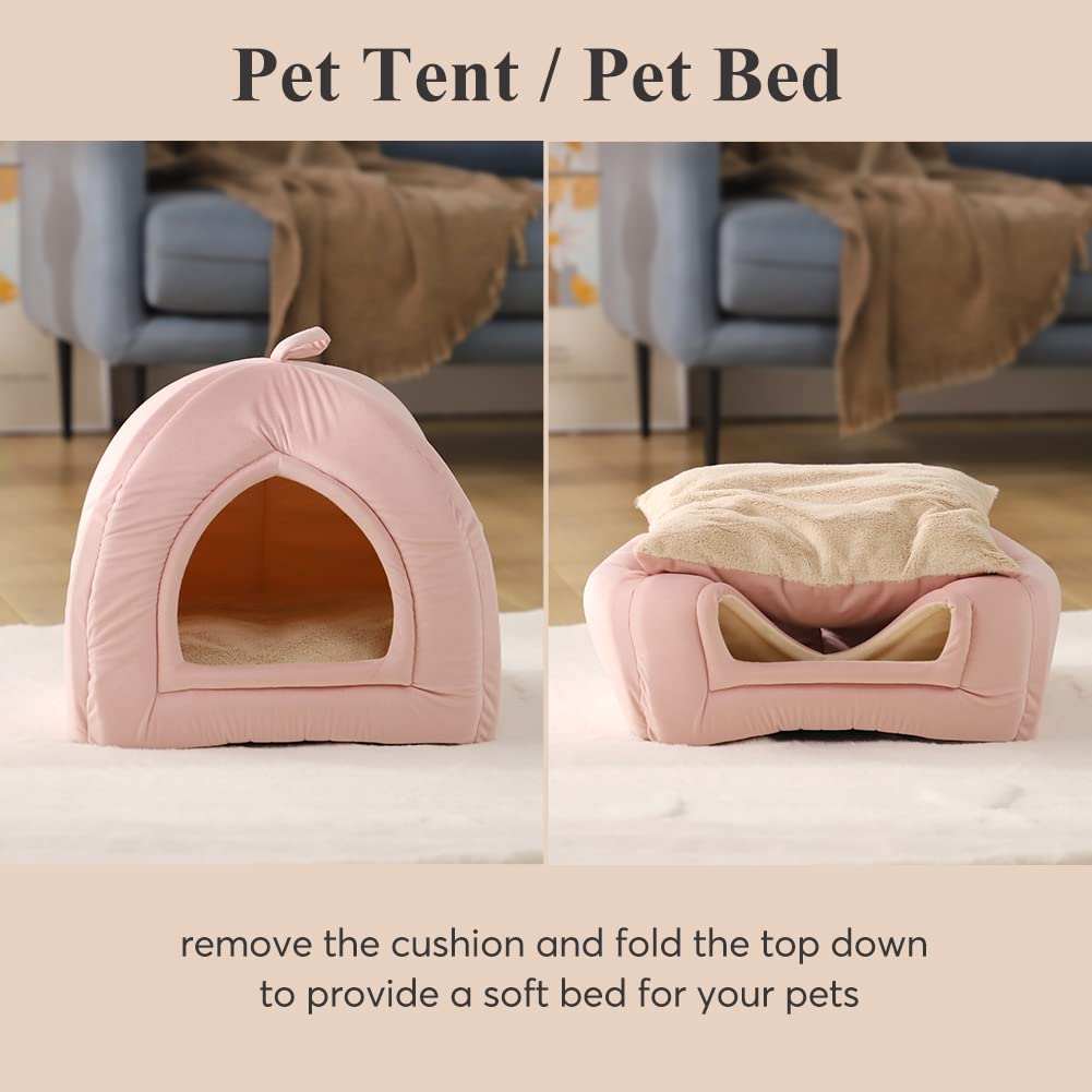 Kasentex Cat Bed For Indoor Cats, 2-In-1 Cat House Pet Supplies For Kitten And Small Cat Or Dog - Animal Cave, Cat Tent With Removable Washable Pillow Cushion (Pink 15X15X15)