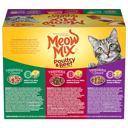 Meow Mix Wet Cat Food Tenders in Sauce, Poultry & Beef Variety Pack, 2.75 Ounce Cup, 24 Count