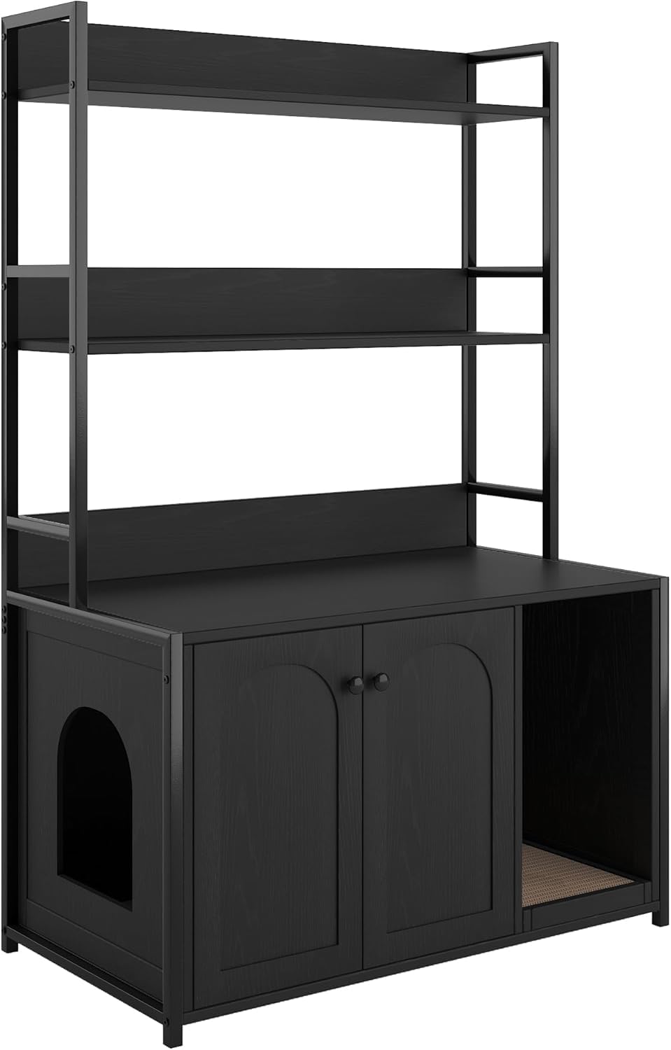 FinerFurnis Litter Box Enclosure with 2 Storage Shelves Black Hidden Cat Litter Box Furniture with Scratch Pad Indoor Cat House 
