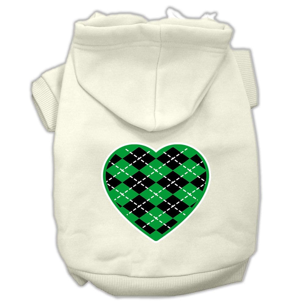 Pet Dog & Cat Hoodie Screen Printed, 'Green Argyle Heart' Cream 2Xl (20-25 Lbs.)