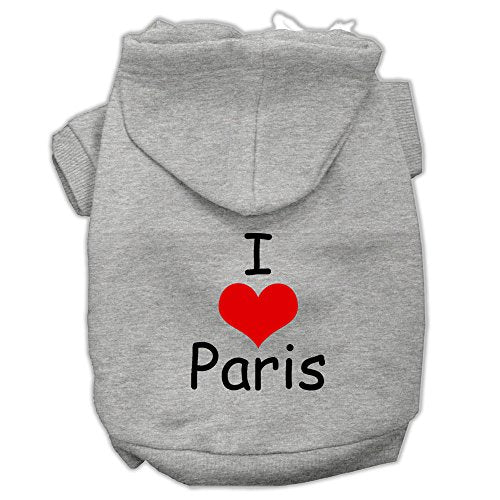 Pet, Dog & Cat Hoodie Screen Printed, I Love Paris Gray XL (14-20 lbs.)