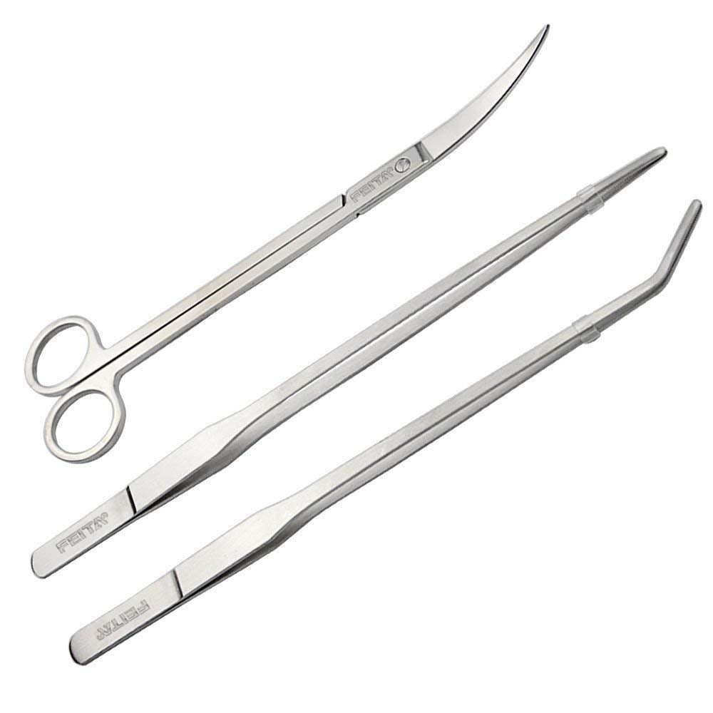 Aquarium Tweezer Set - Feita Long Stainless Steel Curved & Straight Aquarium Feeding Tweezers Scissors Maintenance Tools Kit (3 Pcs)