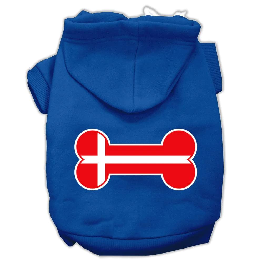 Pet, Dog & Cat Hoodie Screen Printed, 'Bone Shaped Denmark Flag' Blue Md (6-10 Lbs.)