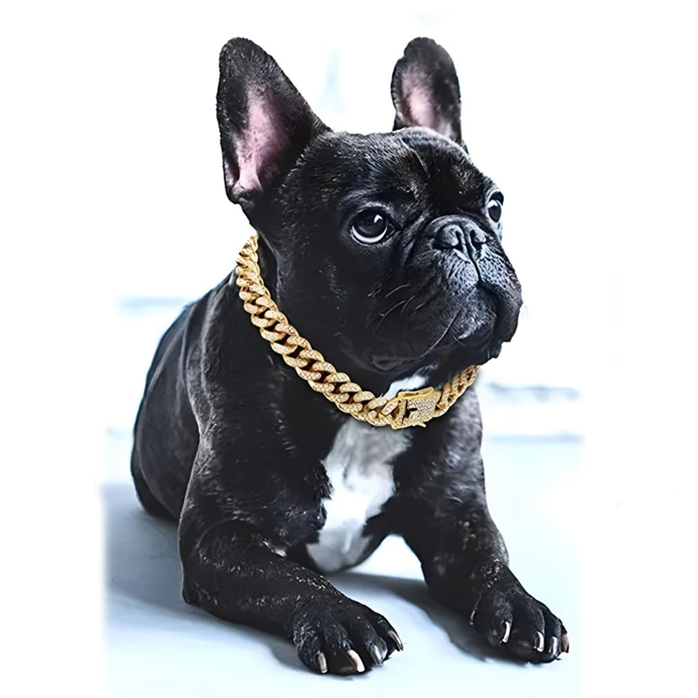 Gold Dog Necklace, Dog Chain Collars, Diamond Metal Bling Choke Cuban Link Dog Collar, 13Mm Wide Pet Jewelry For Puppy Small Med